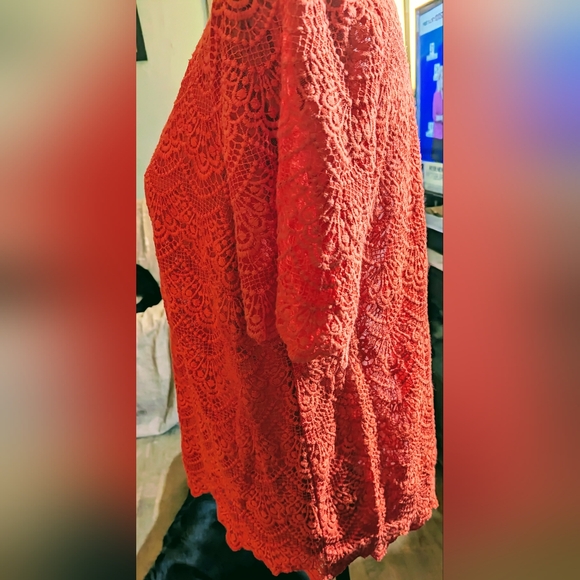 SUPER EUC🔥J. Crew🔥RED-ORANGE cotton/poly blend LACE TEE 🌞 sz M🌹Tres Femme 😍 - Picture 4 of 8